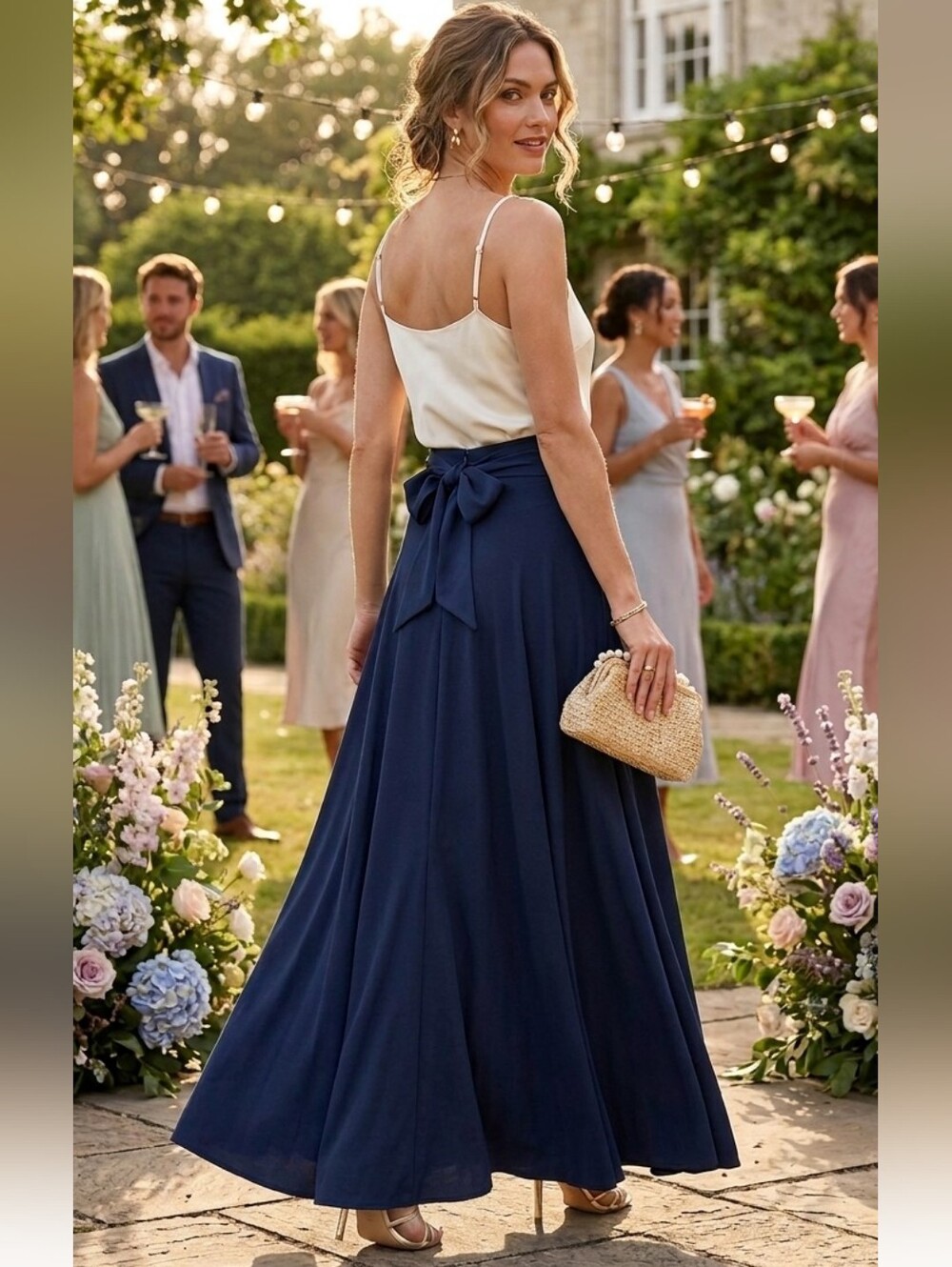 Coeur De Vague Navy Blue Maxi Skirt Double Front Slits Back Bow Detail Wide Band
